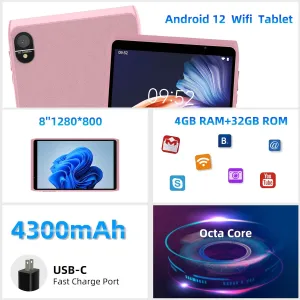 Android Tablet 8 inch, Android 12.0 Tableta 32GB Storage 1024GB SD Expansion Tablets PC, Quad-core Processor 4GB RAM 1280x800 IPS HD Touchscreen Dual Camera Tablets, Support WiFi6, BT 4300 mAh Battery