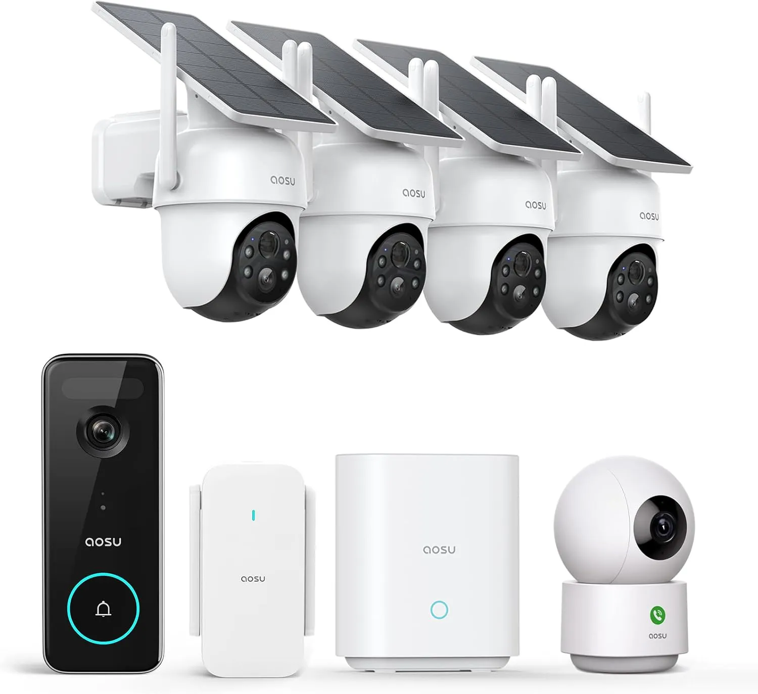 AOSU Home Security System DIY Kit, SolarCam D1 Classic 4 Kit   5MP Doorbell Camera Wireless   2K Indoor Camera.
