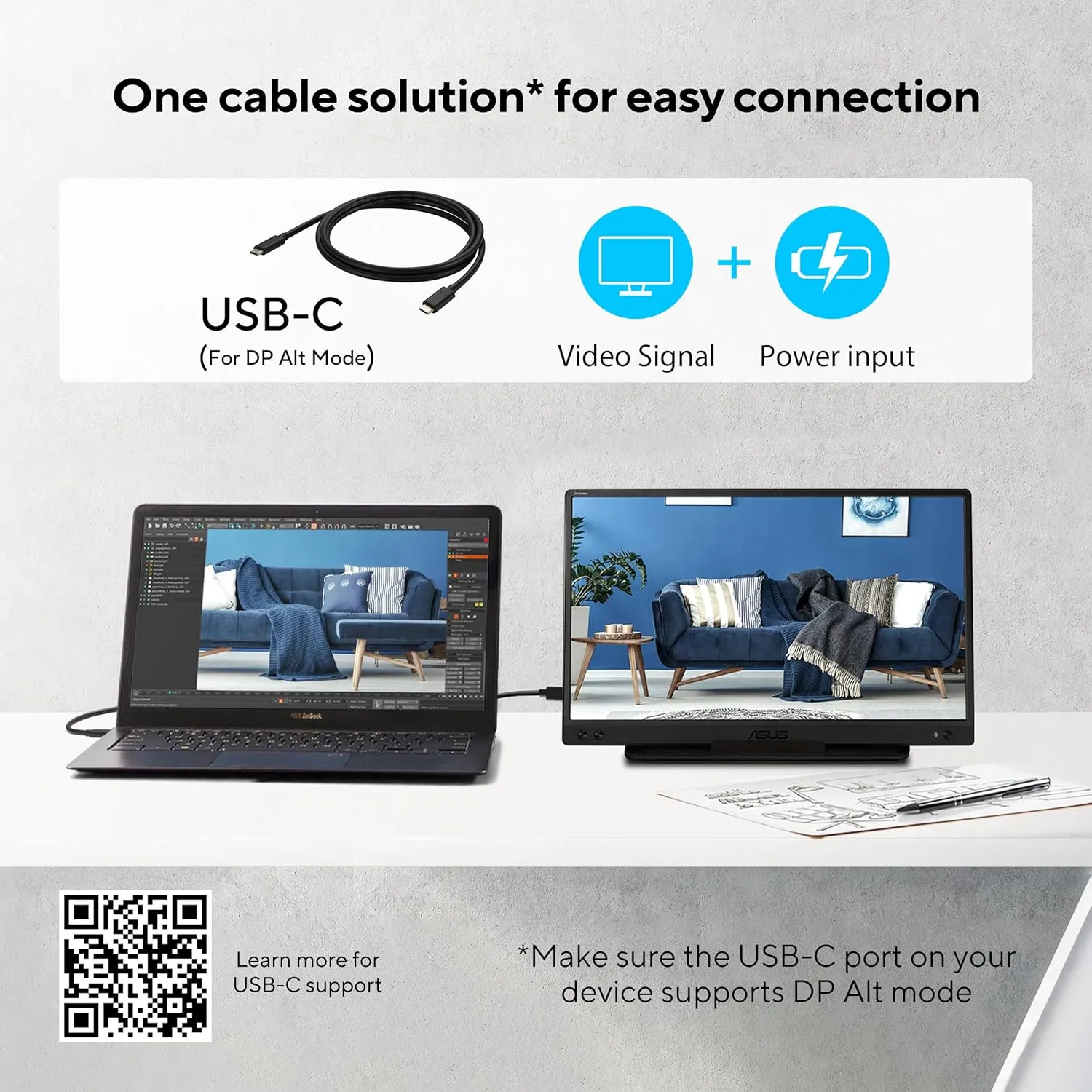 ASUS ZenScreen 15.6 1080P Portable USB Monitor (MB166C) - Full HD, IPS, USB Type-C, , Tripod Mountable, Anti-Glare Surface, Protective Sleeve, 3-Year Warranty