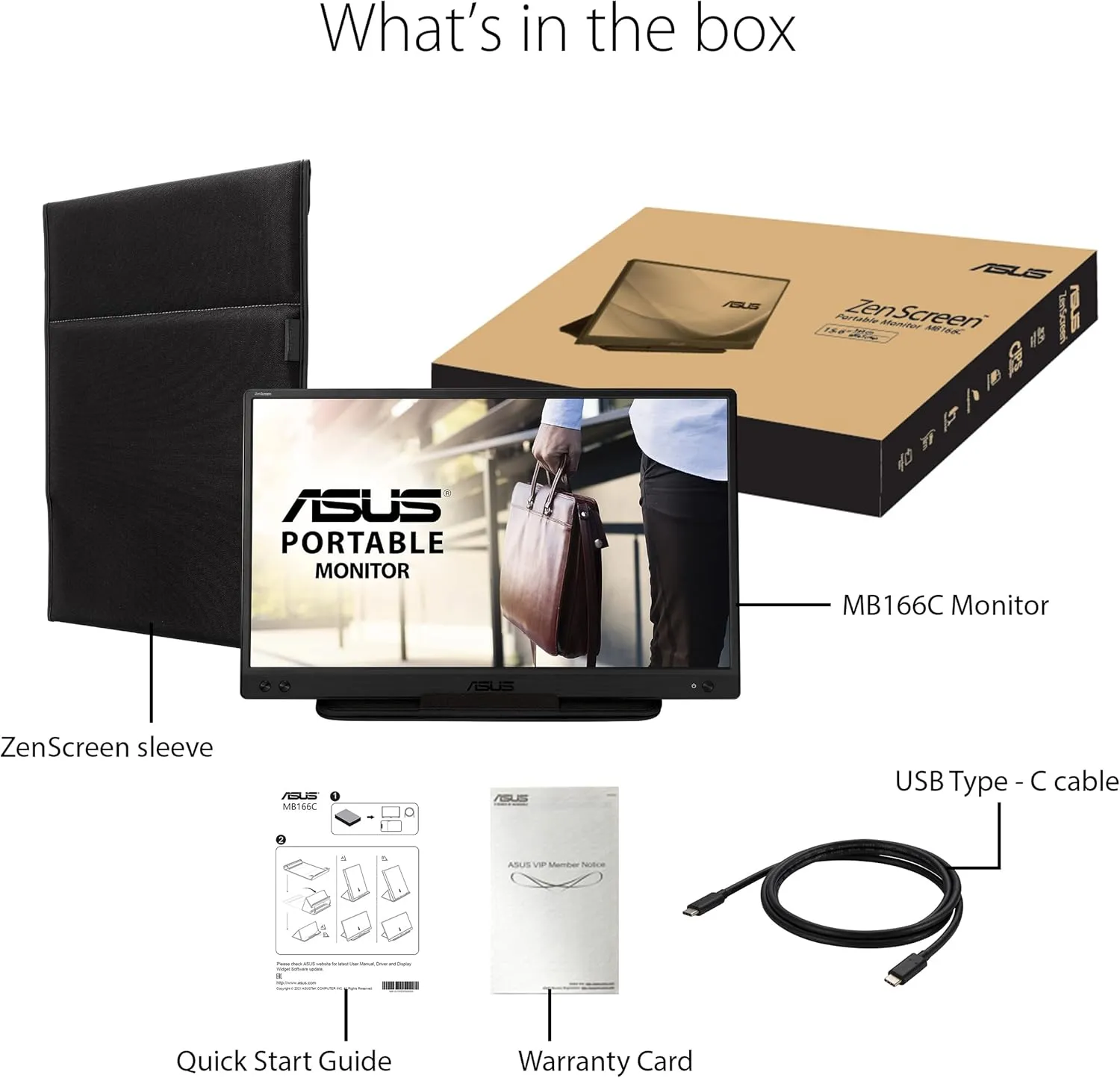 ASUS ZenScreen 15.6 1080P Portable USB Monitor (MB166C) - Full HD, IPS, USB Type-C, , Tripod Mountable, Anti-Glare Surface, Protective Sleeve, 3-Year Warranty