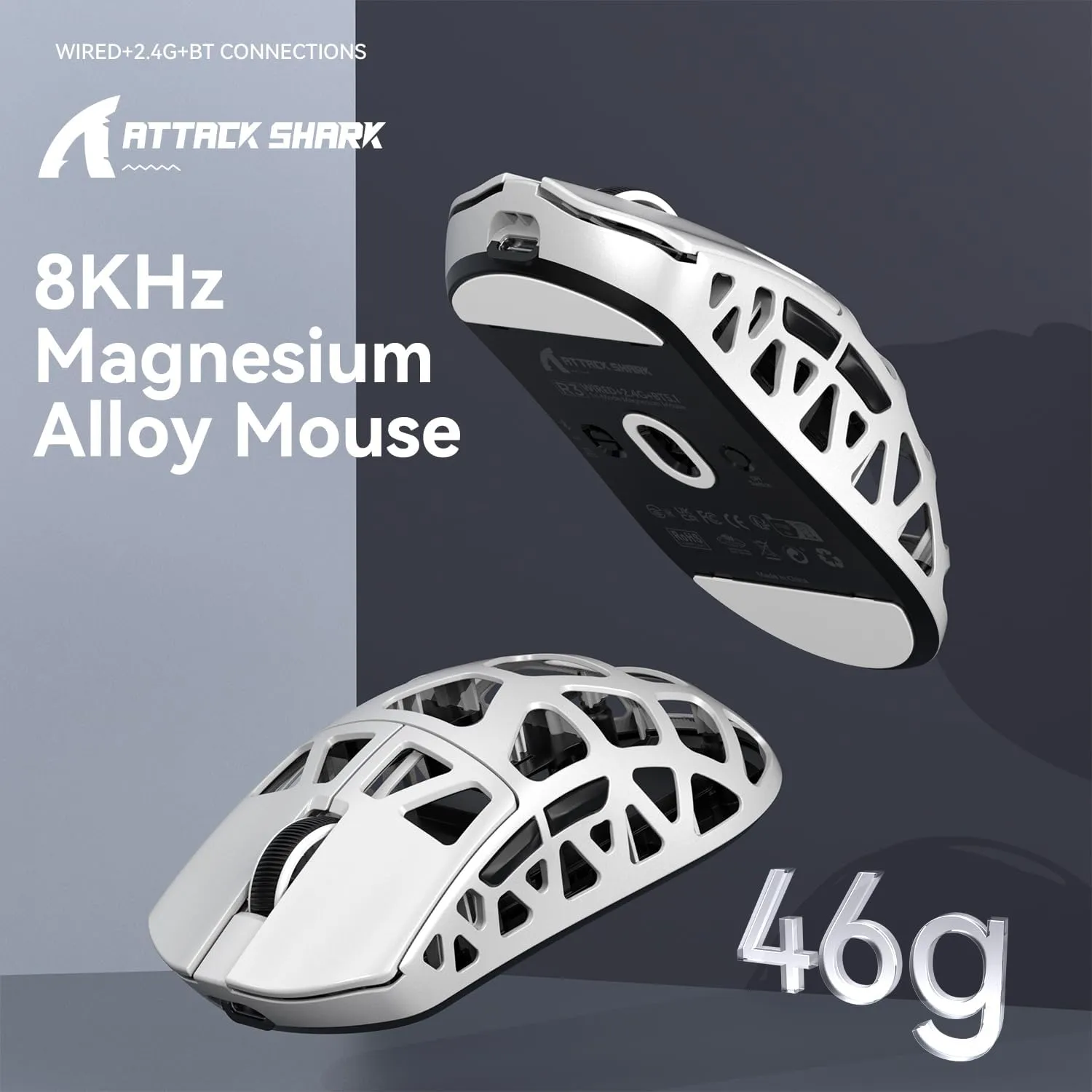 ATTACK SHARK R3 46g Superlight Magnesium Alloy Wireless Gaming Mouse, BT/2.4Ghz/Wired Computer Mouse, 8000Hz Wireless Polling Rate, PAW3395 26K DPI Sensor, Programmable Mice, PC/Laptop/Mac (White)