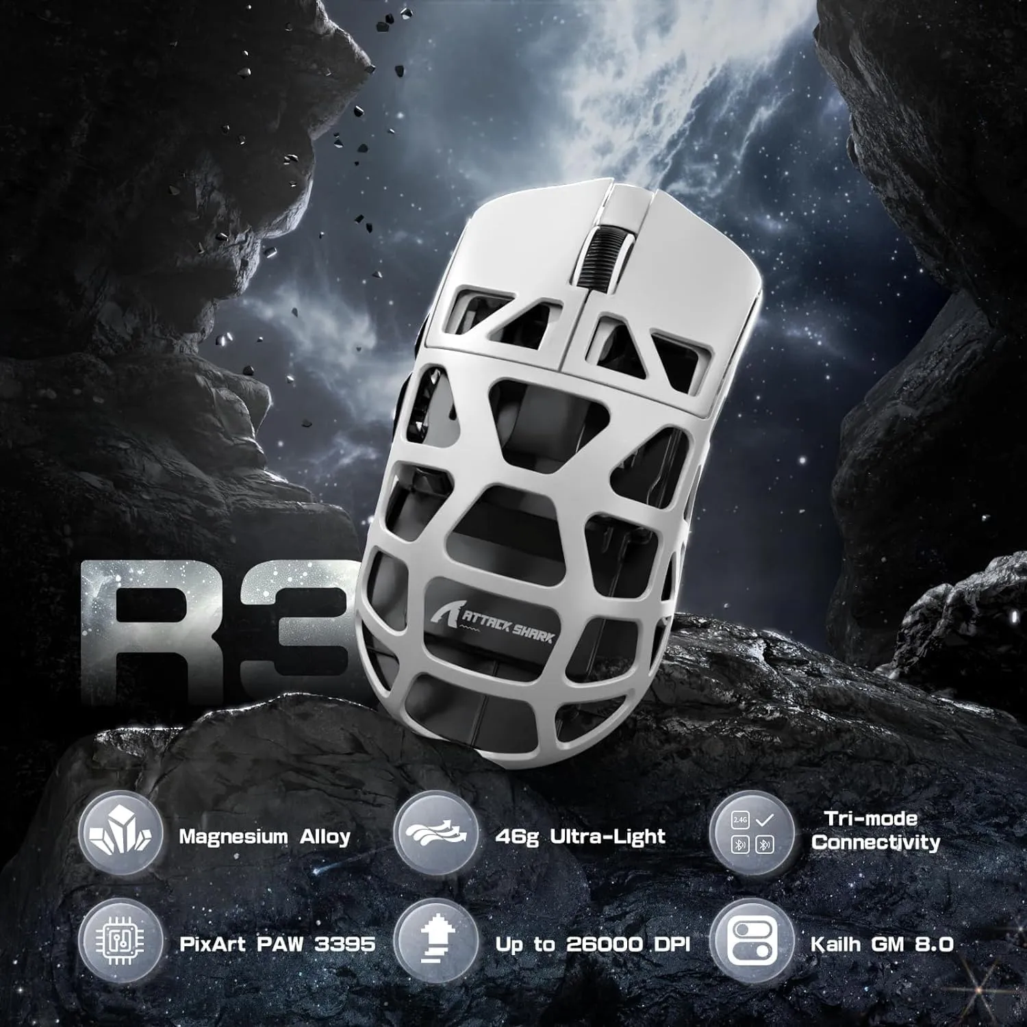 ATTACK SHARK R3 46g Superlight Magnesium Alloy Wireless Gaming Mouse, BT/2.4Ghz/Wired Computer Mouse, 8000Hz Wireless Polling Rate, PAW3395 26K DPI Sensor, Programmable Mice, PC/Laptop/Mac (White)