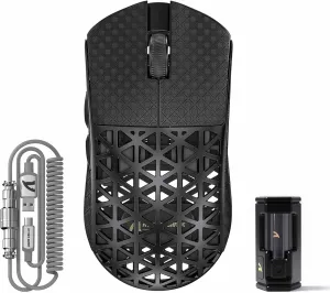 ATTACK SHARK R5 Ultra Wireless Gaming Mouse,Carbon Fiber Shell 39g Superlight,PAW3950MAX Nordic 52840 MCU 8K Polling 42K DPI Optical Sensor,BT/2.4G/USB-C Wired Mice with Coiled Cable-Black&Griptape