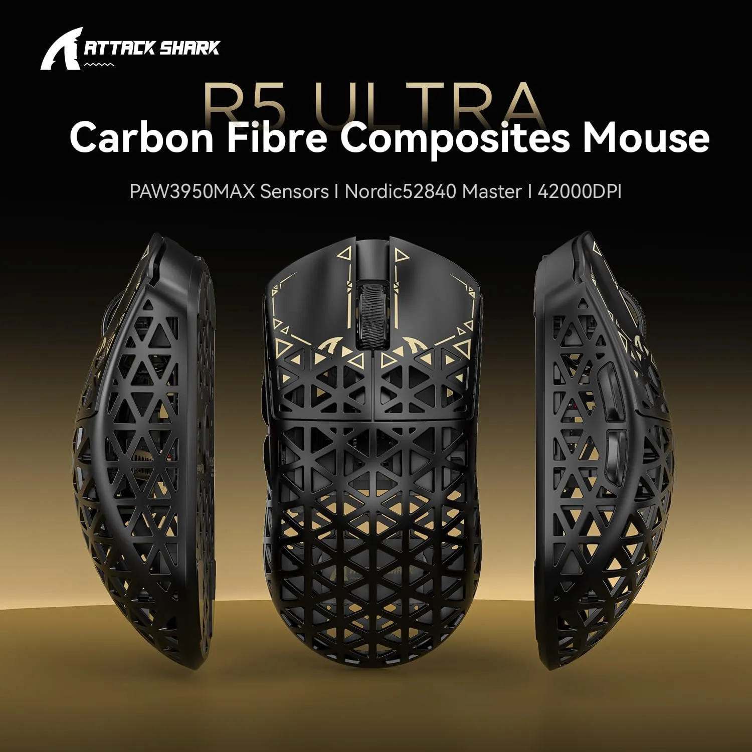 ATTACK SHARK R5 Ultra Wireless Gaming Mouse,Carbon Fiber Shell 39g Superlight,PAW3950MAX Nordic 52840 MCU 8K Polling 42K DPI Optical Sensor,BT/2.4G/USB-C Wired Mice with Coiled Cable-Black&Griptape
