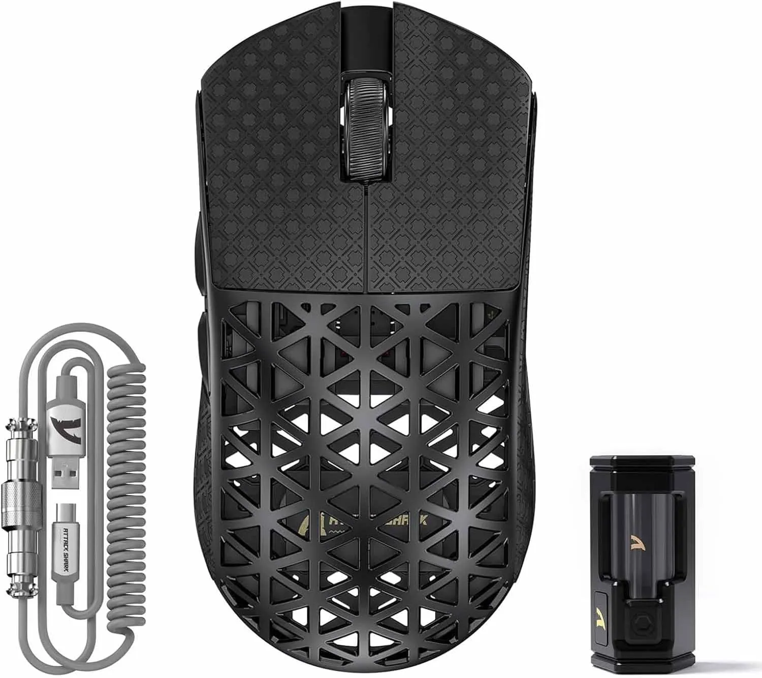 ATTACK SHARK R5 Ultra Wireless Gaming Mouse,Carbon Fiber Shell 39g Superlight,PAW3950MAX Nordic 52840 MCU 8K Polling 42K DPI Optical Sensor,BT/2.4G/USB-C Wired Mice with Coiled Cable-Black&Griptape
