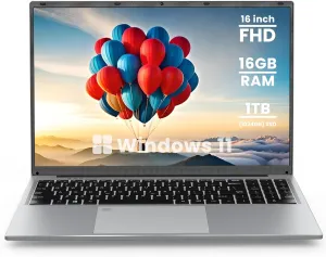 BIGASUO 16" Laptop Computer, 16GB DDR4 RAM 1TB SSD, Quad-Core N100 Processor Up to 3.4GHz, 1200P FHD IPS Display, Windows 11 Laptops with USB 3.0, Type-C, Mini-HDMI, 2.4/5G WiFi, RJ45, Sliver
