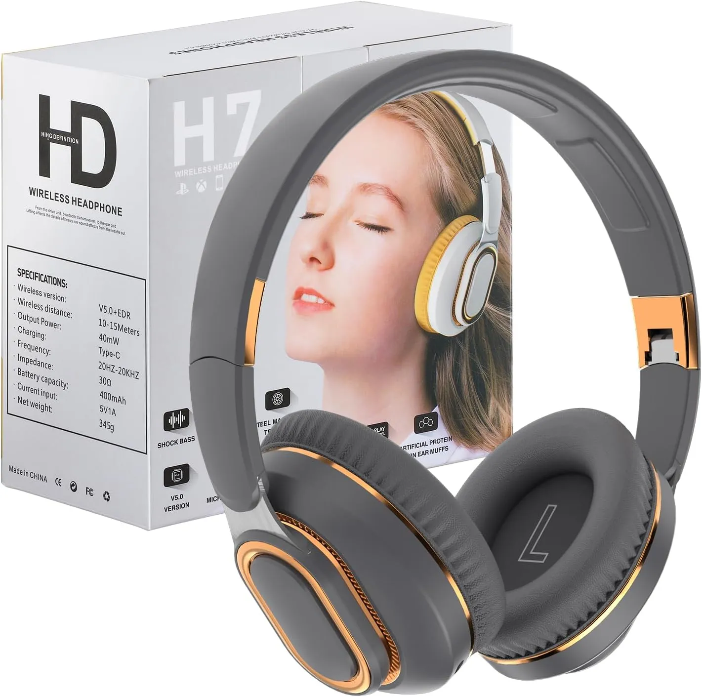 Bluetooth Headphones, Foldable Wireless Over-Ear Headphones with Hidden Mic for Cell Phone, Laptop, PC, Suitable for Music, School, Workouts, and Gaming (Grey)