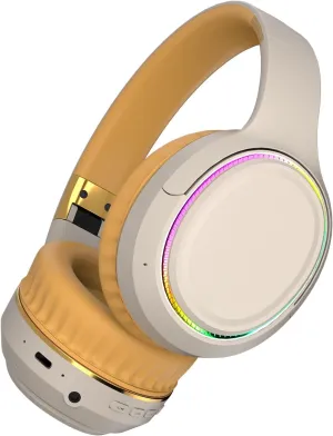 Bluetooth Headphones with RGB Lights, Foldable Wireless Over-Ear Headphones with Hidden Mic for Cell Phone, PC, Laptop (Khaki)