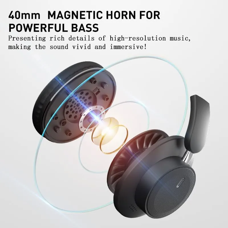 Bluetooth Over-Ear Headphones, Foldable Wireless Headphones with Hidden Mic for Cell Phone, PC, Laptop, Suitable for Music, School, Workouts, and Gaming (Black)