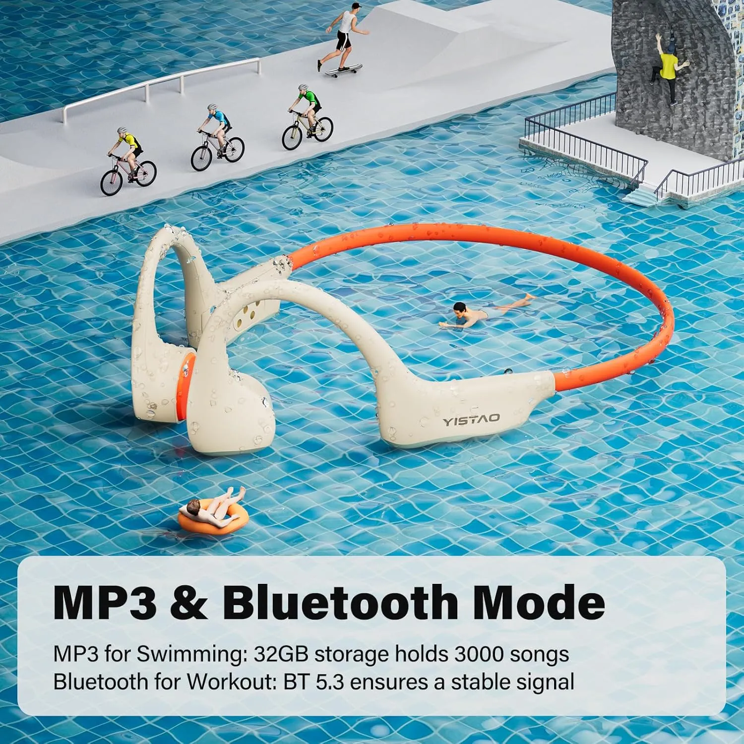 Bone Conduction Headphones, Open Ear Headphones Wireless Earphones, 32GB MP3, 8 Hours Playtime, Bluetooth 5.3, IP68 Waterproof Headphones for Running and Fitness Workout - Beige Orange