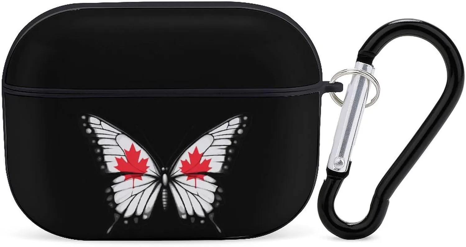 Canada Flag Butterfly Earbud Case Bluetooth Headphone Case Full Protective Case with Keychain Compatible with Airpods Pro Black-Style
