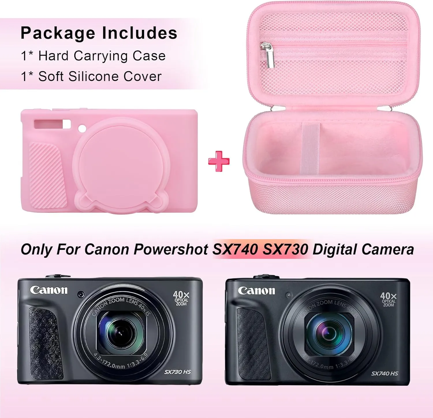 Canboc Case for Canon PowerShot SX740 SX730 HS Digital Camera, 1* Hard Carrying Case   1* Soft Silicone Protective Cover with Removable Lens Cover, Pink (Case Only)