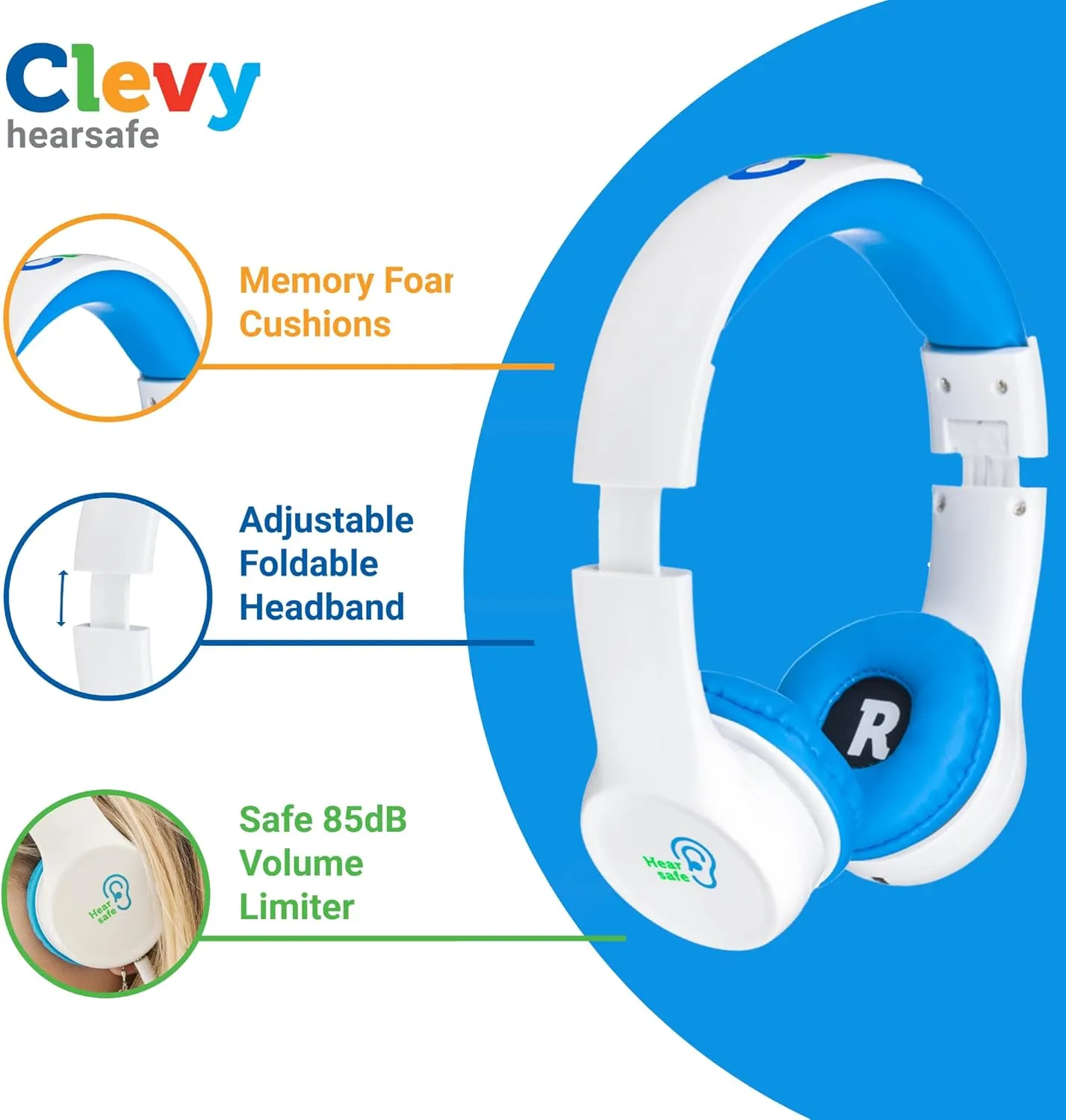 Clevy Kids Headphones Over-Ear 3.5mm Jack Wired - 5ft Tangle-Free Cord with HD Mic, 85dB Volume Limited for iPad/Computer, Foldable Durable Carrying Case