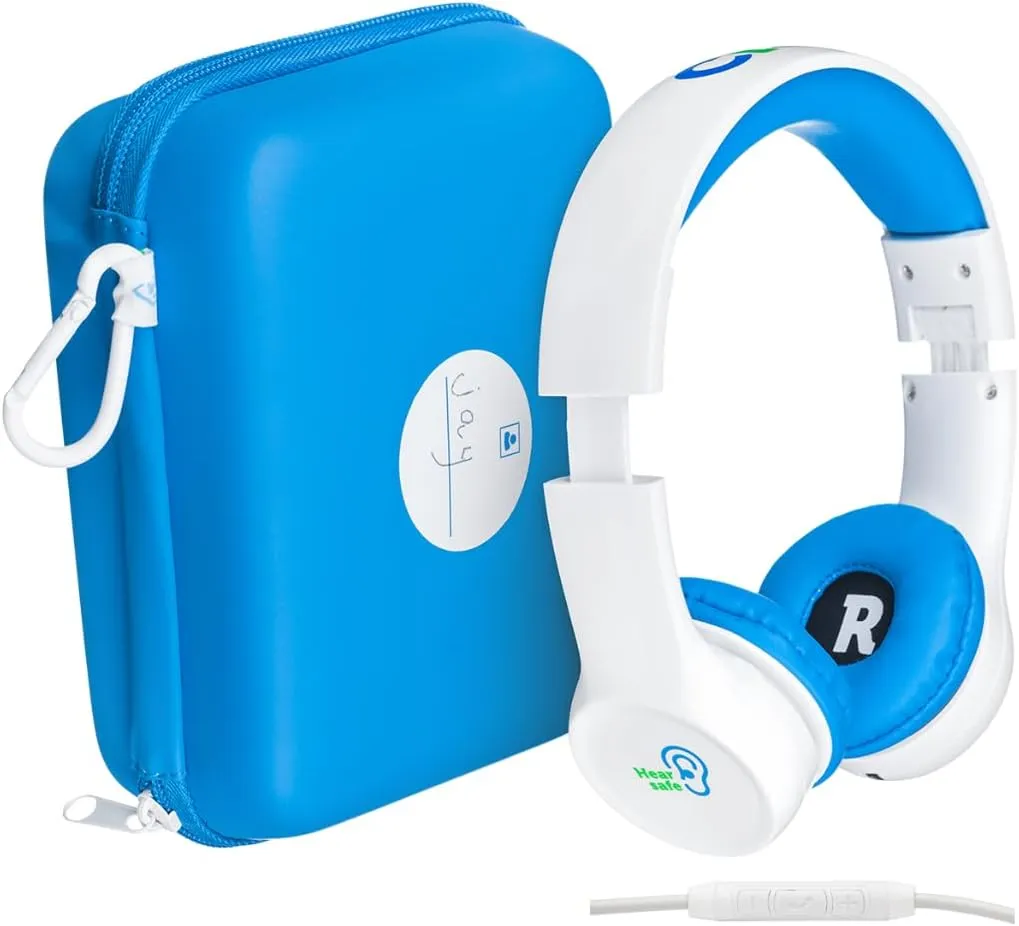 Clevy Kids Headphones Over-Ear 3.5mm Jack Wired - 5ft Tangle-Free Cord with HD Mic, 85dB Volume Limited for iPad/Computer, Foldable Durable Carrying Case