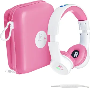 Clevy Kids Headphones Over-Ear 3.5mm Jack Wired Headphones for School - 5ft Tangle-Free Cord with HD Mic, 85dB Volume Limited for iPad/Computer, Foldable Girls/Boys Durable Carrying Case (Pink)