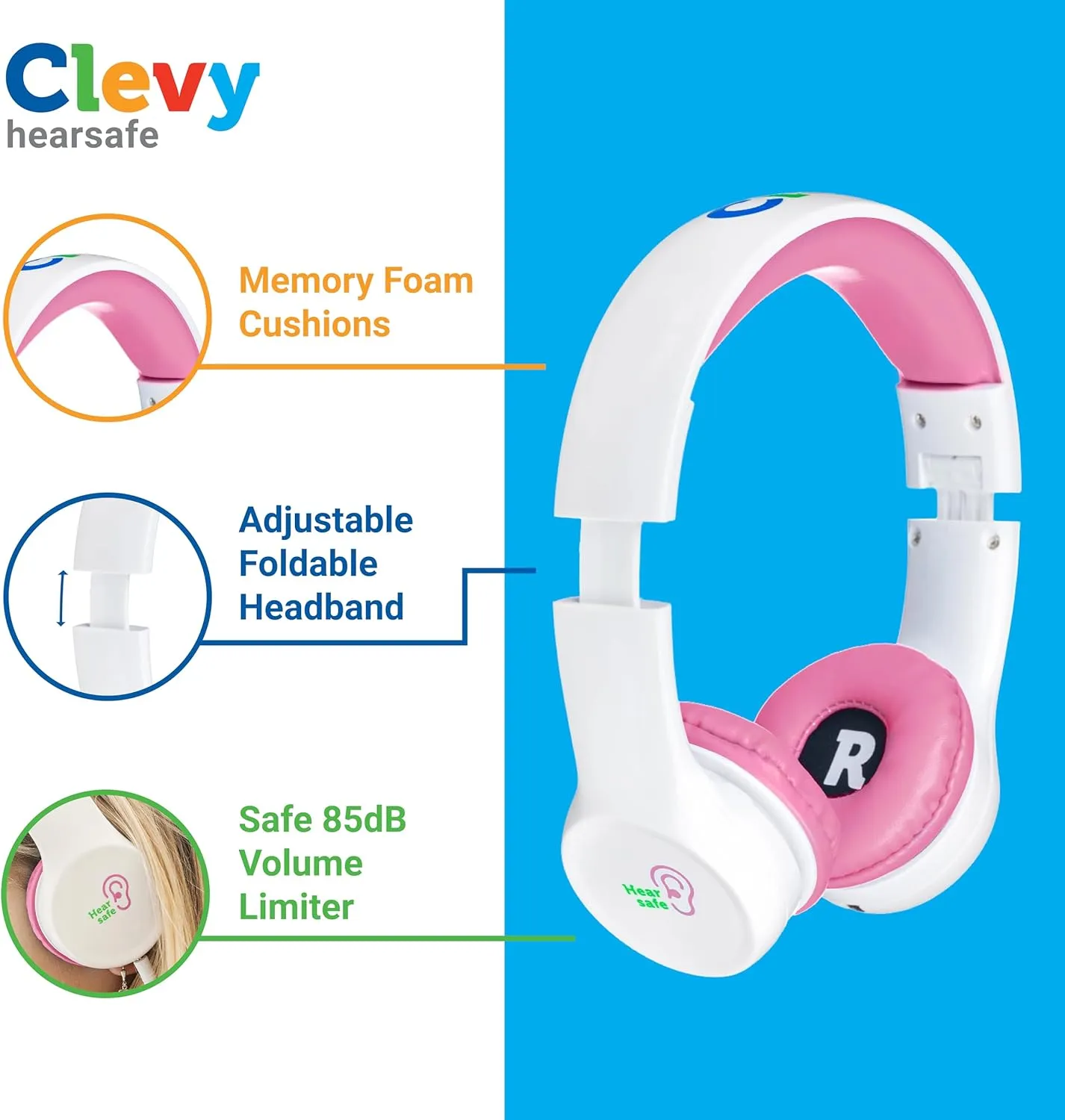 Clevy Kids Headphones Over-Ear 3.5mm Jack Wired Headphones for School - 5ft Tangle-Free Cord with HD Mic, 85dB Volume Limited for iPad/Computer, Foldable Girls/Boys Durable Carrying Case (Pink)