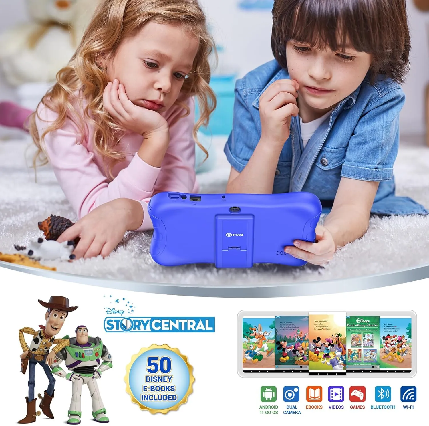 Contixo 7" Kids Tablet - 32GB Android Learning Tablet w/Exclusive 50  Disney Storybooks (Value $200), WiFi, Parental Controls, Kid-Proof Case & Kickstand, Educational Apps for Ages 3-10 - Dark Blue