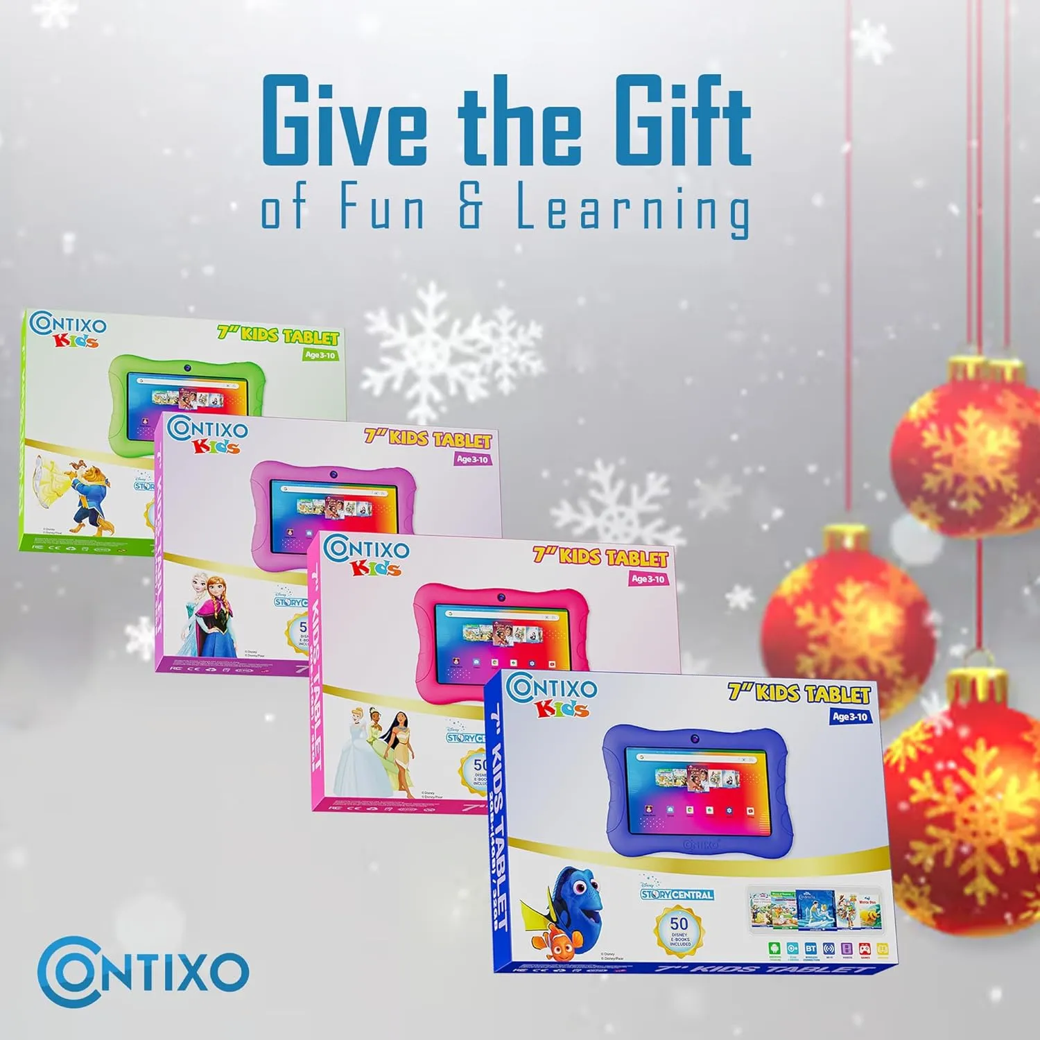 Contixo 7" Kids Tablet - 32GB Android Learning Tablet w/Exclusive 50  Disney Storybooks (Value $200), WiFi, Parental Controls, Kid-Proof Case & Kickstand, Educational Apps for Ages 3-10 - Dark Blue