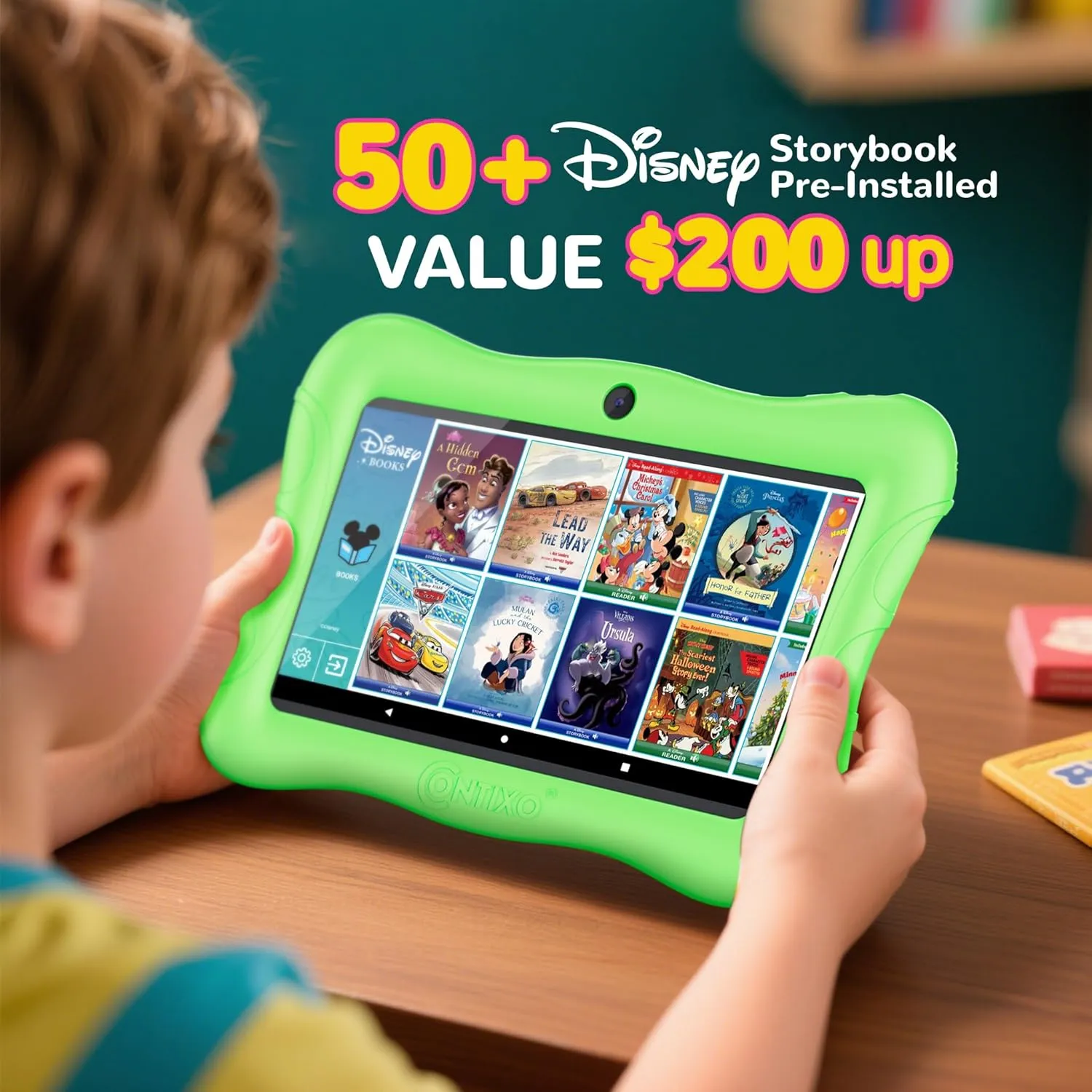 Contixo 7" Kids Tablet - 32GB Android Learning Tablet w/Exclusive 50  Disney Storybooks (Value $200), WiFi, Parental Controls, Kid-Proof Case & Kickstand, Educational Apps for Ages 3-10 - Green