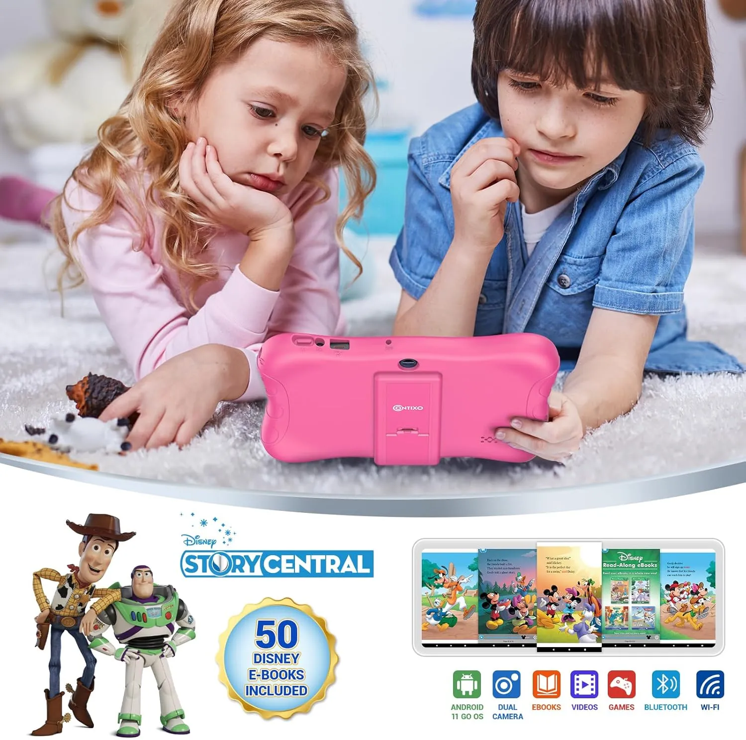 Contixo 7" Kids Tablet - 32GB Android Learning Tablet w/Exclusive 50  Disney Storybooks (Value $200), WiFi, Parental Controls, Kid-Proof Case & Kickstand, Educational Apps for Ages 3-10 - Pink