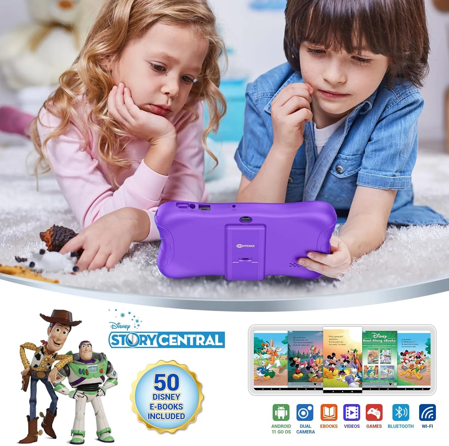 Contixo 7" Kids Tablet - 32GB Android Learning Tablet w/Exclusive 50  Disney Storybooks (Value $200), WiFi, Parental Controls, Kid-Proof Case & Kickstand, Educational Apps for Ages 3-10 - Purple
