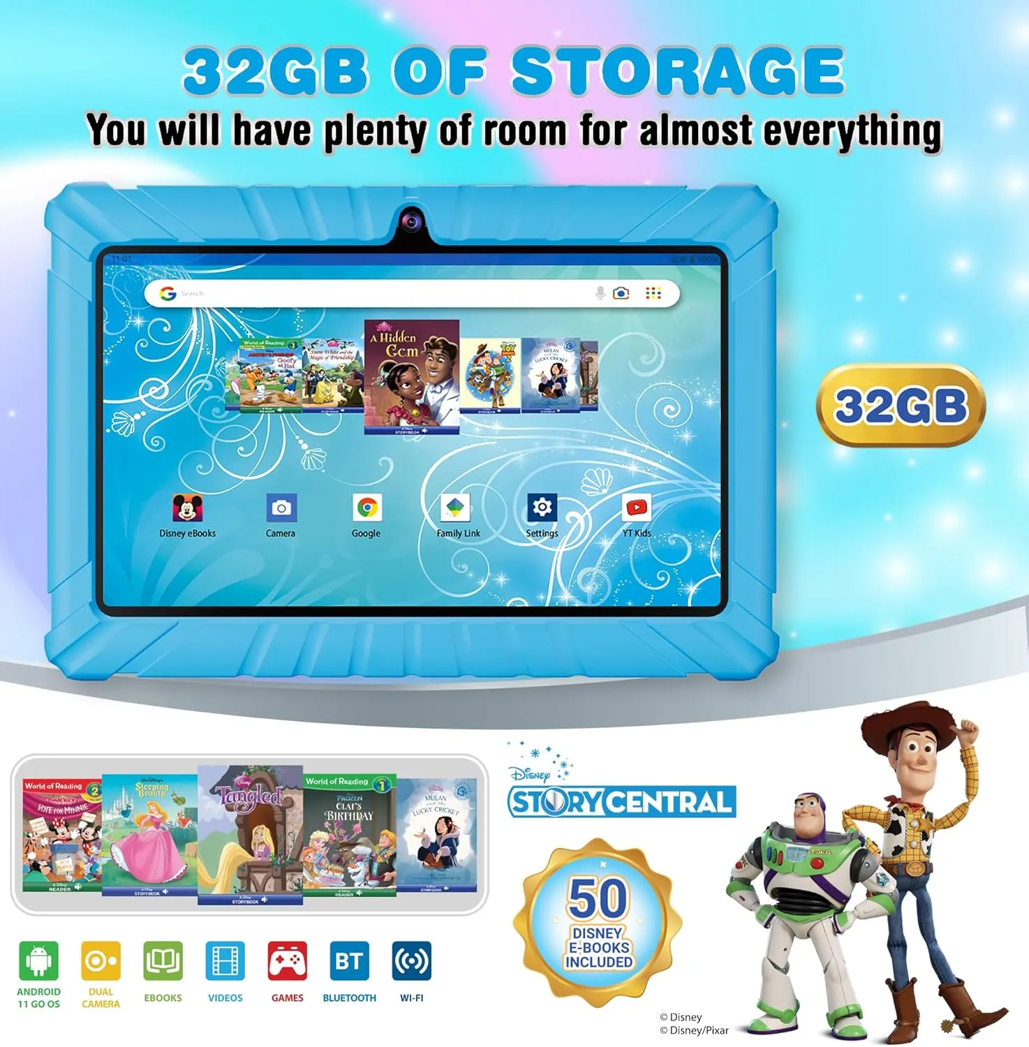 Contixo V8 7" Kids Tablet - 32GB Storage, Pre-Loaded Exclusive 50 Disney Storybooks (Value $200), Android, Parental Controls, Durable Kid-Proof Case - Blue