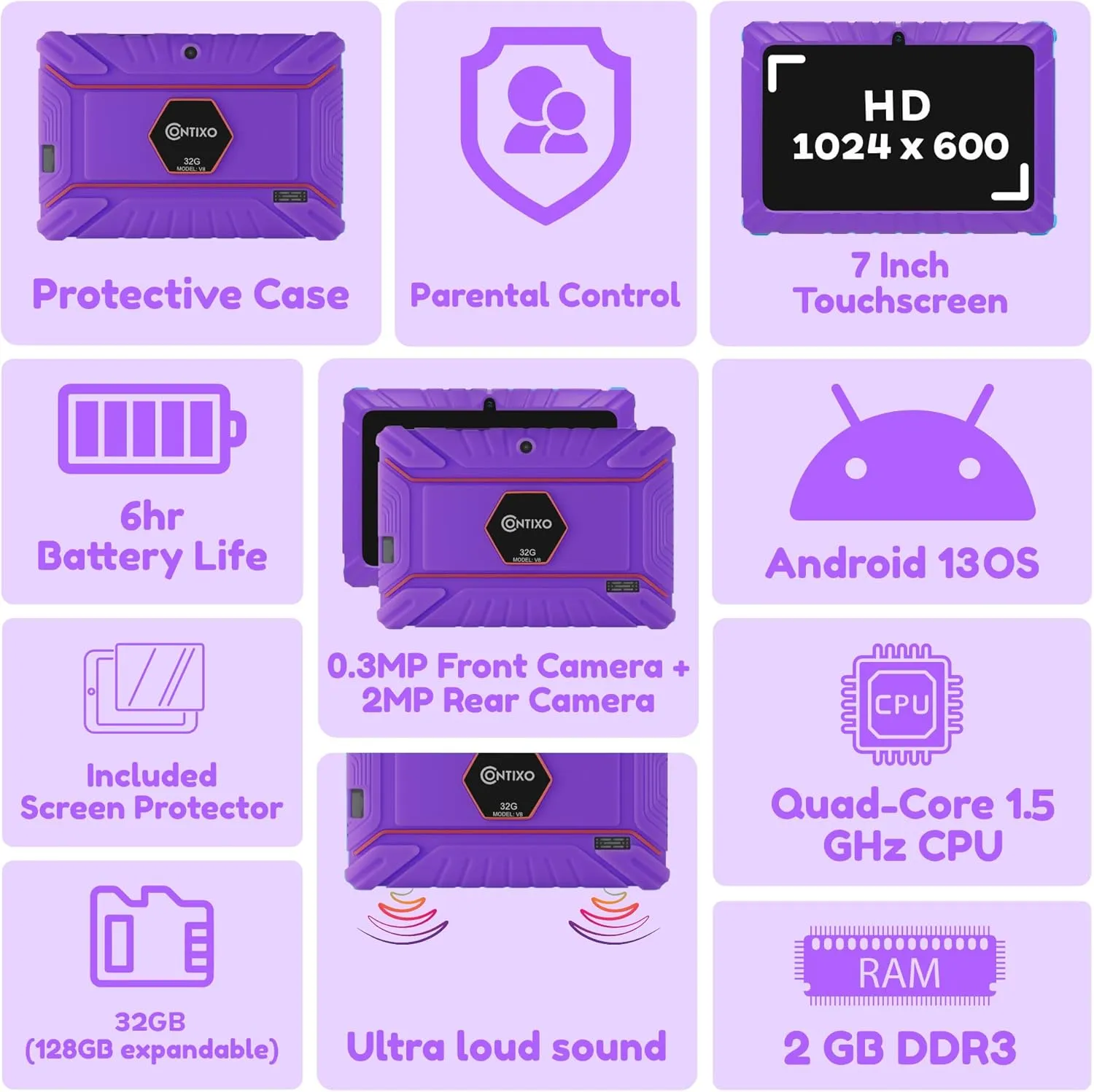 Contixo V8 7" Kids Tablet - 32GB Storage, Pre-Loaded Exclusive 50 Disney Storybooks (Value $200), Android, Parental Controls, Durable Kid-Proof Case - Purple