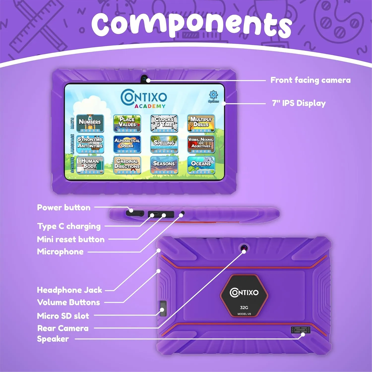 Contixo V8 7" Kids Tablet - 32GB Storage, Pre-Loaded Exclusive 50 Disney Storybooks (Value $200), Android, Parental Controls, Durable Kid-Proof Case - Purple