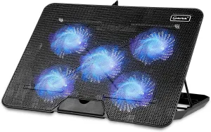 Coolertek Laptop Cooling pad, Laptop Cooler with 5 Silent Fans, Adjustable Height Stand for 12-17 Inch Laptops, Ergonomic Cooling Stand with Dual USB Ports, Portable Cooling Accessories - Black