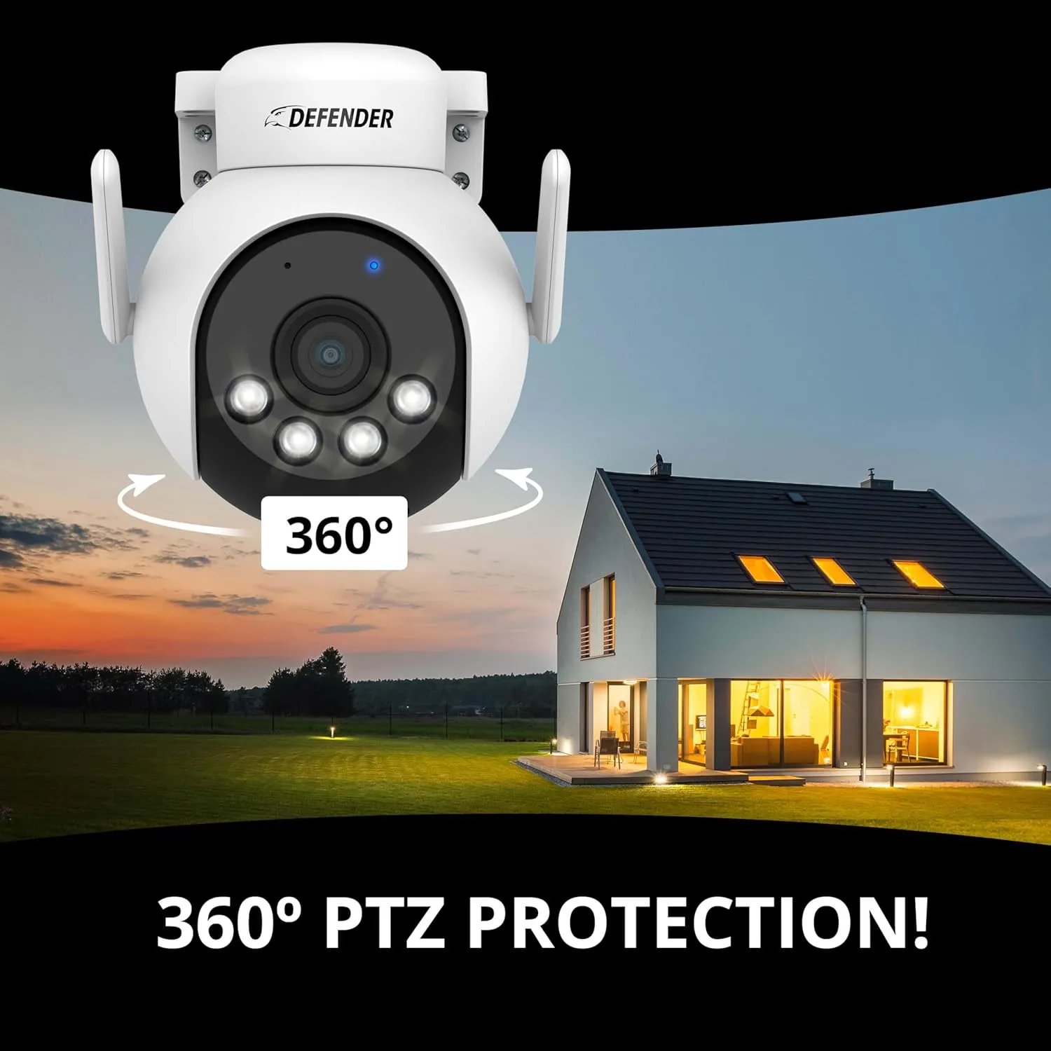 Defender AI Powered 4K Everwatch PTZ Plug in Outdoor Camera, AI Human/Vehicle Detection, WiFi 6/Bluetooth Wireless Camera, Color Night Vision, Deterrence, Mobile App, 3 x 64GB SD Card, 3 Pack