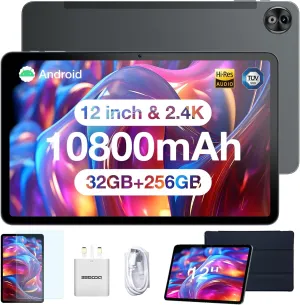 DOOGEE 12 Inch Tablets Android 14, T20 Ultra 2.4K Android Tablet with 32GB RAM 256GB ROM, Helio G99 8-Core Processor, 10800mAh Battery,4 Speakers, 4G Dual Sim Cellular Tablets, Gray