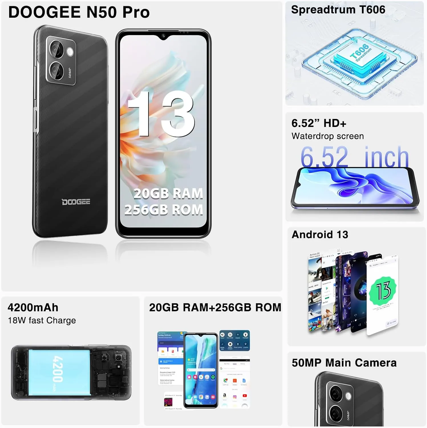 DOOGEE N50 PRO Cell Phone,Android 13 Smartphone,20GB 256GB(1TB TF),6.52" HD ,50MP AI Camera Android Phone,18W Fast Charge,4200mAh Battery Mobile Phones,Face Unlock/OTG-Black