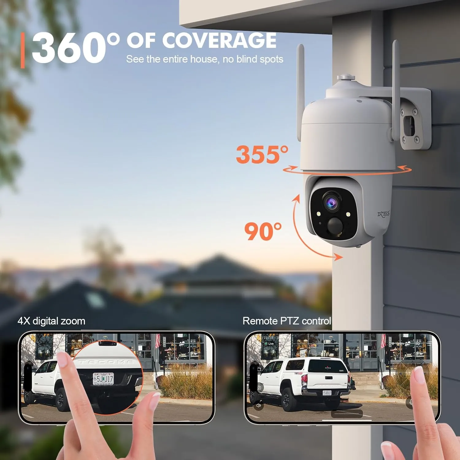 Dzees 360 PTZ Security Cameras Wireless Outdoor WiFi, 2K Powered Home Security Camera Indoor, Spotlight & Siren, Color Night Vision, 2-Way Talk, AI Motion Detection, IP66, Cloud Stroage