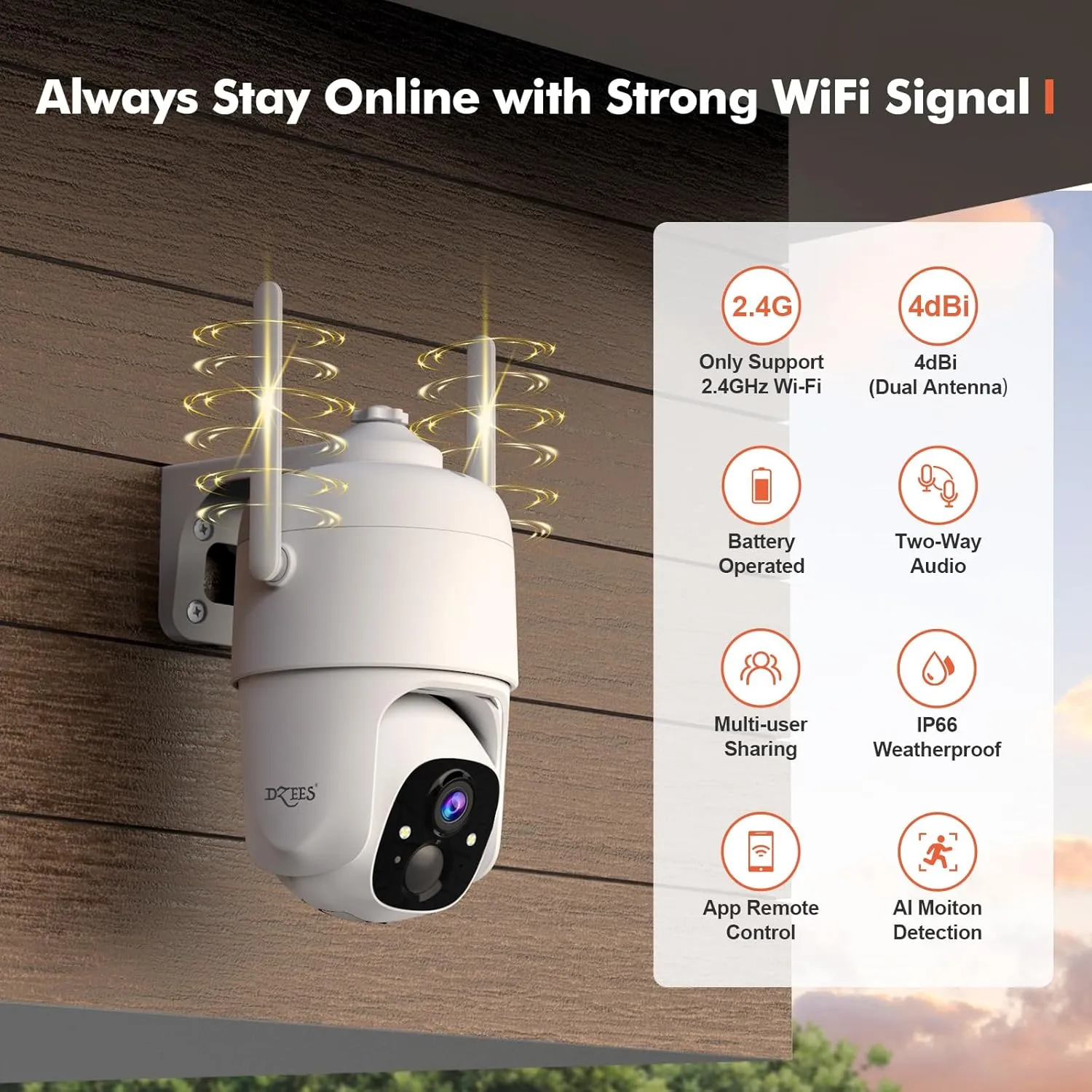 Dzees 360 PTZ Security Cameras Wireless Outdoor WiFi, 2K Powered Home Security Camera Indoor, Spotlight & Siren, Color Night Vision, 2-Way Talk, AI Motion Detection, IP66, Cloud Stroage