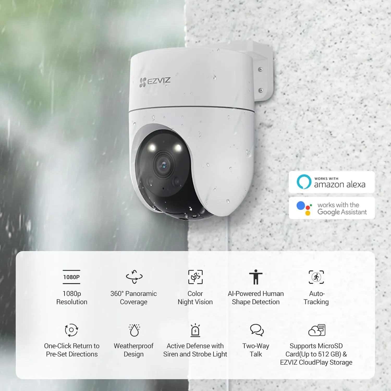 EZVIZ 360 Security Camera Outdoor with Auto-Tracking, WiFi Surveillance Camera for Home Security, Human/Motion Detection, Color Night Vision, Two-Way Talk, Waterproof, Alexa/Google | H8C 2MP