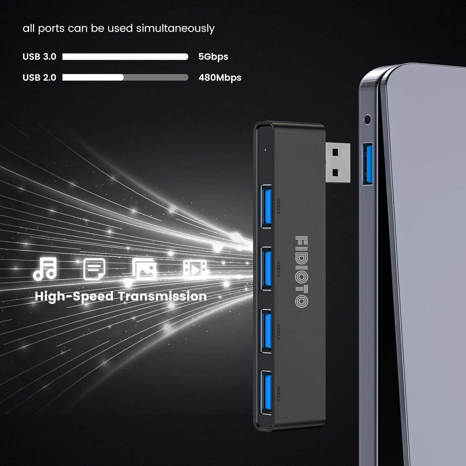 Fidioto 4 Port USB Expander Hub - 1 * 3.0, 3 * 2.0 Ports for Laptop, iMac Pro, MacBook Air, Mac Mini/Pro, Surface Pro, Notebook PC, USB Flash Drives and Mobile HDD