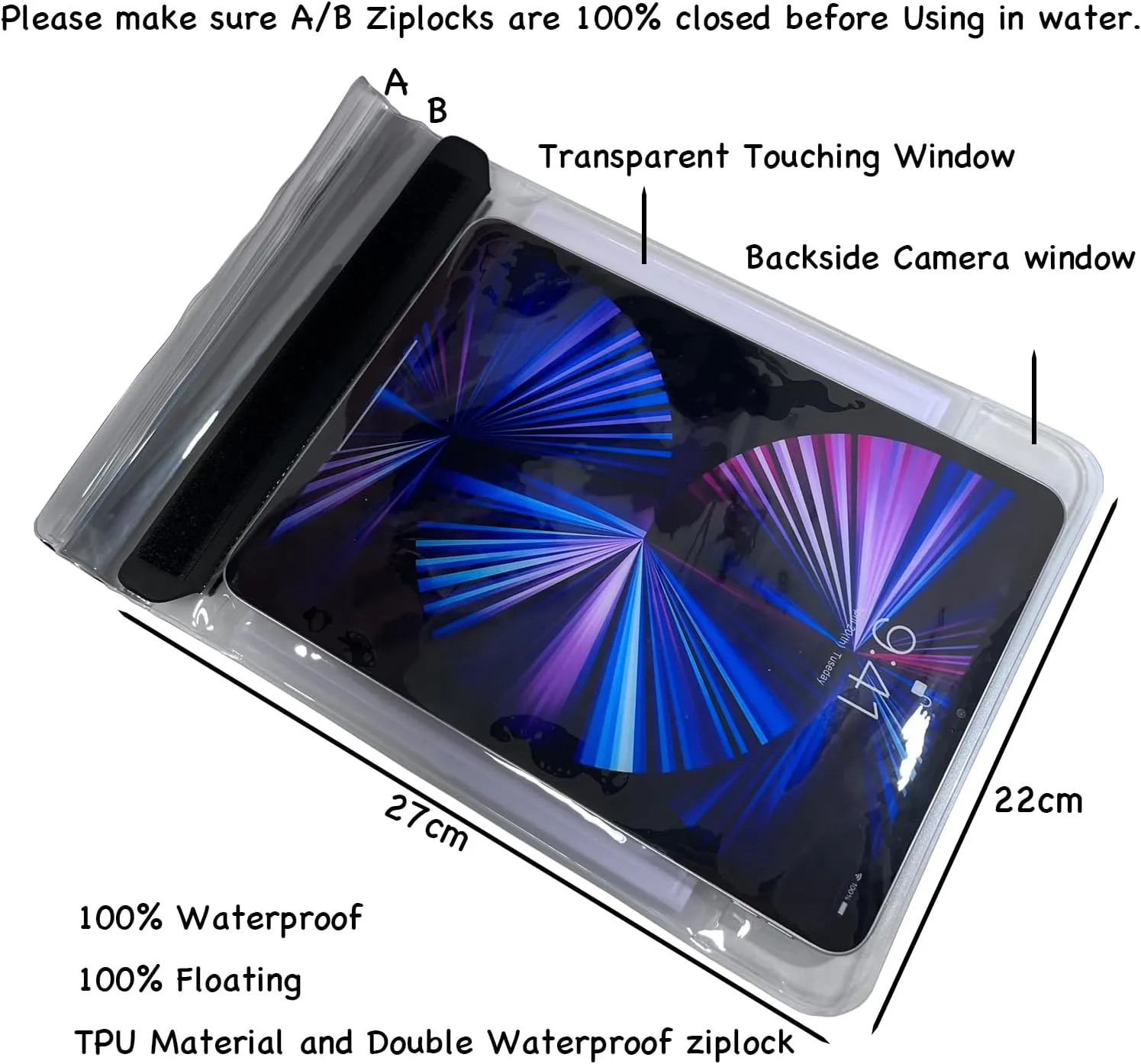 Floating Waterproof Tablet Case eReader Cover Bag Waterproof Holder Pouch for ipad pro air 11" Galaxy Tab S9 Surface Go 3 Kindle Scribe Up to 11.5 inch (Black)