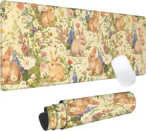 Floral Bunny Gaming Mouse Pad, Office Desk Mat, Anti-Slip Rubber Base Cool Aesthetic Mouse Pads for Computer Laptop Keyboard School Home Desktop Gamer Home Accessories Decor 31.5" x 11.8"
