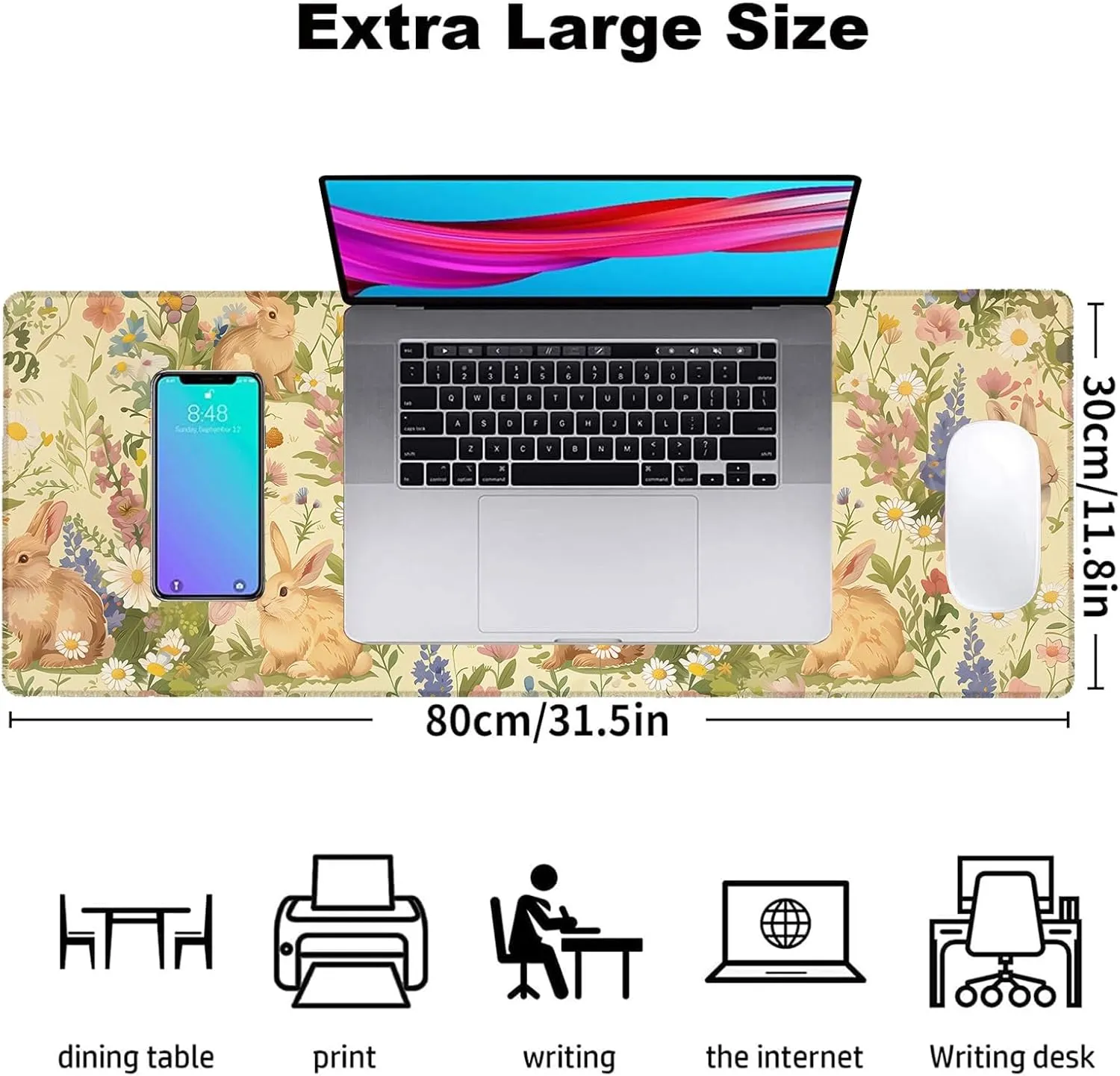 Floral Bunny Gaming Mouse Pad, Office Desk Mat, Anti-Slip Rubber Base Cool Aesthetic Mouse Pads for Computer Laptop Keyboard School Home Desktop Gamer Home Accessories Decor 31.5" x 11.8"