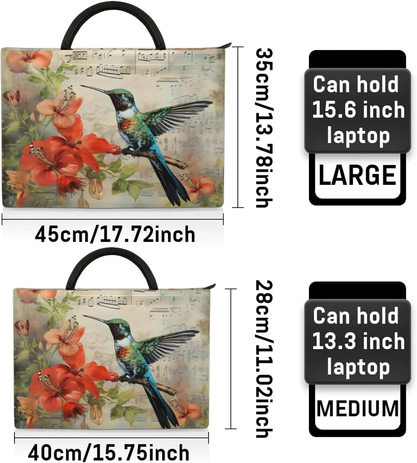 Flower Bird Vintage Sheet Music Laptop Sleeve with Handle Waterproof Computer Carrying Case