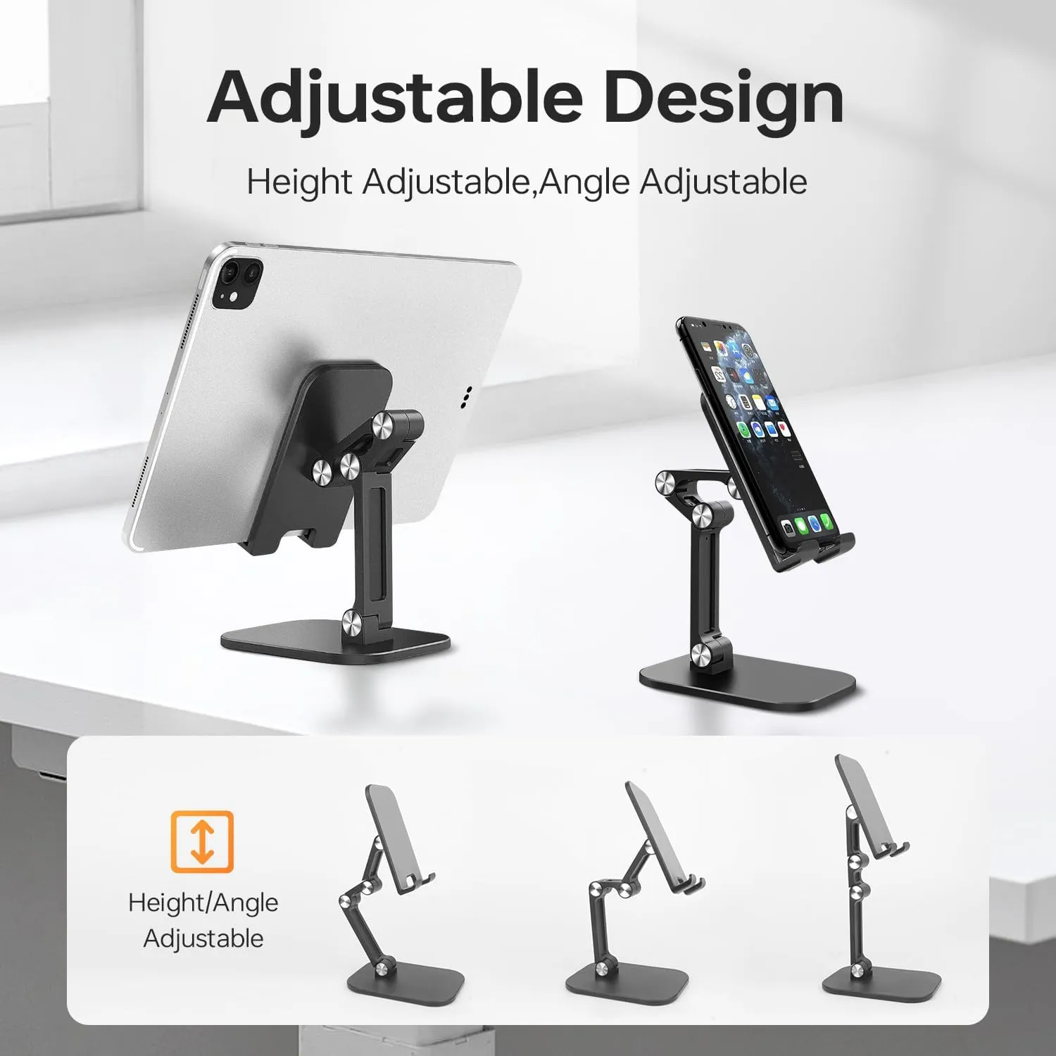 Foldable Phone Stand for Desk - Adjustable Height & Angle Cell Phone Holder, Portable Tablet Stand with Anti-Slip Base for Home, Office, and Travel, Compatible with iPhone & All 4-11" Devices (Black)