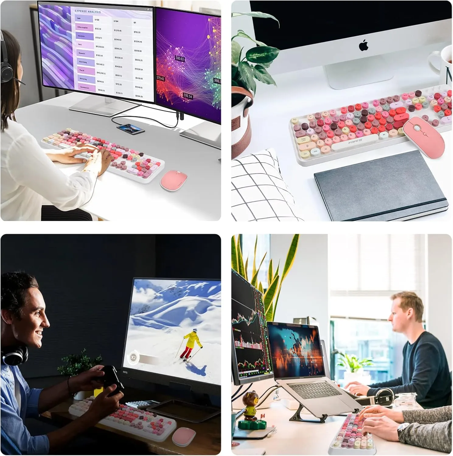 FOPETT Wireless Keyboard and Mouse Sets,Reliable 2.4 GHz Connectivity for PC,Laptop,Smart TV and More (White Colorful)