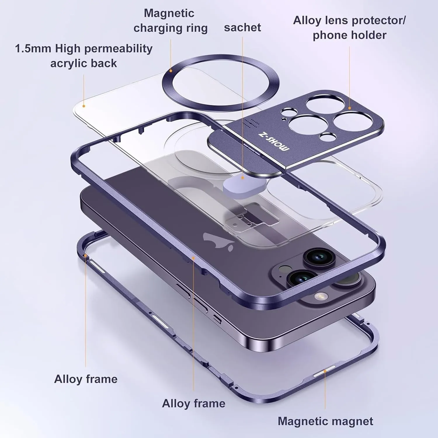 for IPhone16/1514/13 Promax Magnetic Aromatherapy Metal Mobile Phone Case Mirror Holder Protective Cover (Purple,iPhone 13)