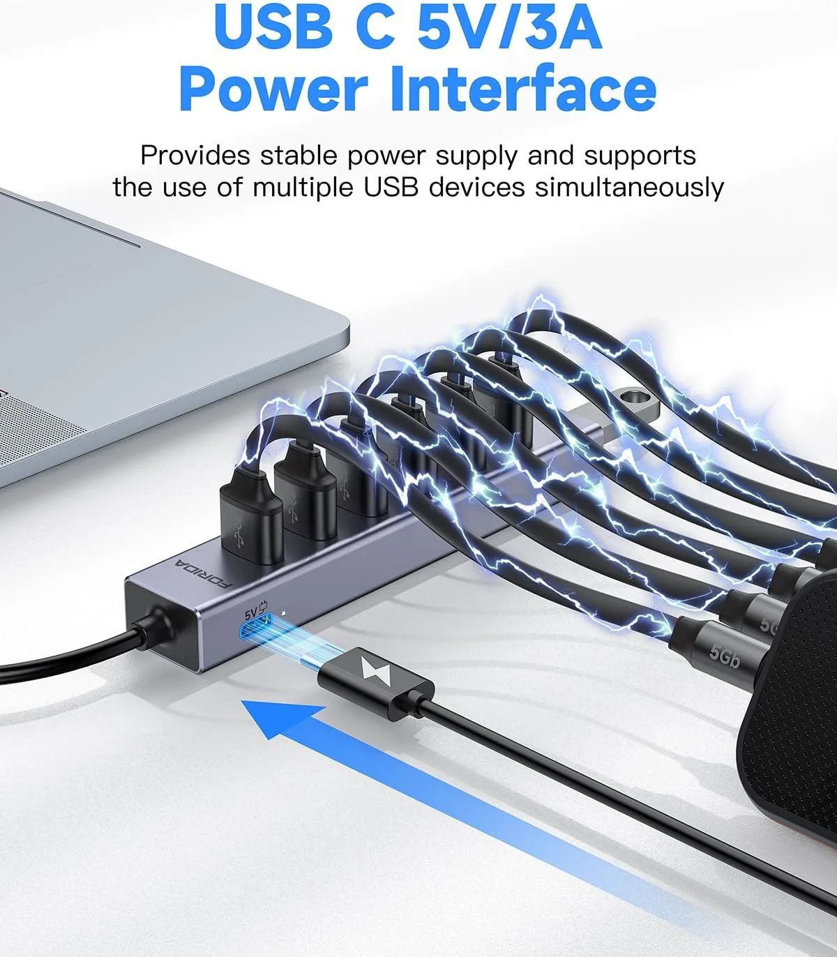 FORIDA USB to USB Hub Long Cable, 8 Ports USB 3.0 Adapter with 7 USB 3.0 Data Ports,USB Splitter with USB C 5V/3A Power Port, 47IN/120CM Main Cable for Laptop PC and More (USB A, 47IN)