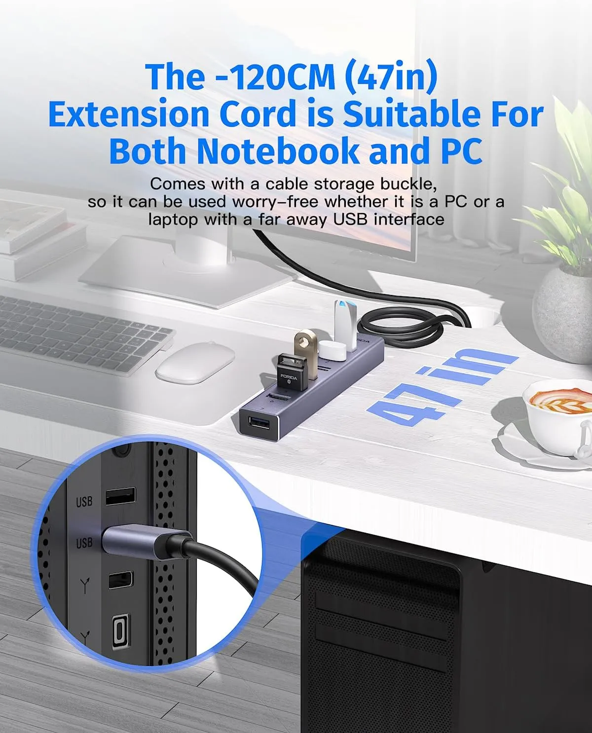 FORIDA USB to USB Hub Long Cable, 8 Ports USB 3.0 Adapter with 7 USB 3.0 Data Ports,USB Splitter with USB C 5V/3A Power Port, 47IN/120CM Main Cable for Laptop PC and More (USB A, 47IN)