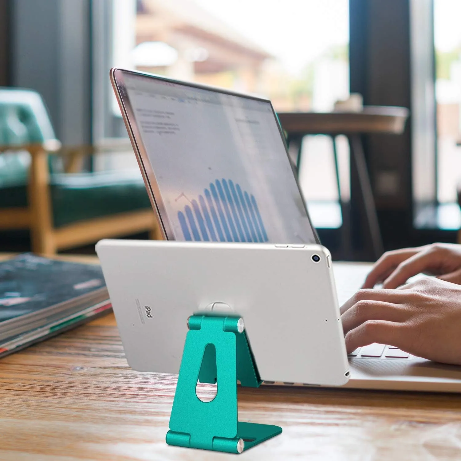 Fully Foldable Cell Phone Stand Holder for Desk Adjustable iPhone Stand Aluminum Compatible with 4"-10" Phone/Kindle/Tablet/iPad/iPhone - Rose Gold   Spearmint Green