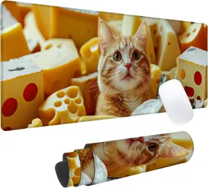 Funny Cheese Cat Gaming Mouse Pad, Office Desk Mat, Anti-Slip Rubber Base Cool Aesthetic Mouse Pads for Computer Laptop Keyboard School Home Desktop Gamer Home Accessories Decor 31.5" x 11.8"