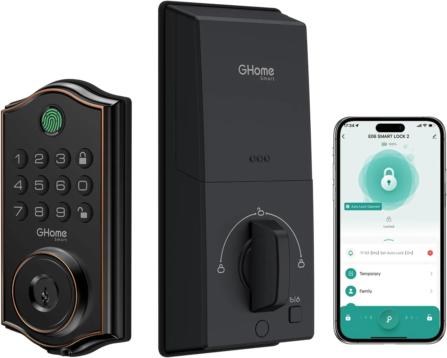Ghome Smart Deadbolt Lock for Front Door  Fingerprint, APP, Keypad & Key Entry, Auto-Lock, Remote Control, Easy Install | Keyless Entry Security for Home/Apartment/Hotel/Garage (Black)