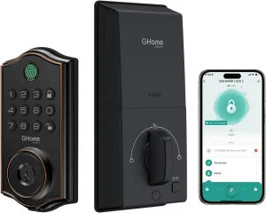 Ghome Smart Deadbolt Lock for Front Door  Fingerprint, APP, Keypad & Key Entry, Auto-Lock, Remote Control, Easy Install | Keyless Entry Security for Home/Apartment/Hotel/Garage (Black)