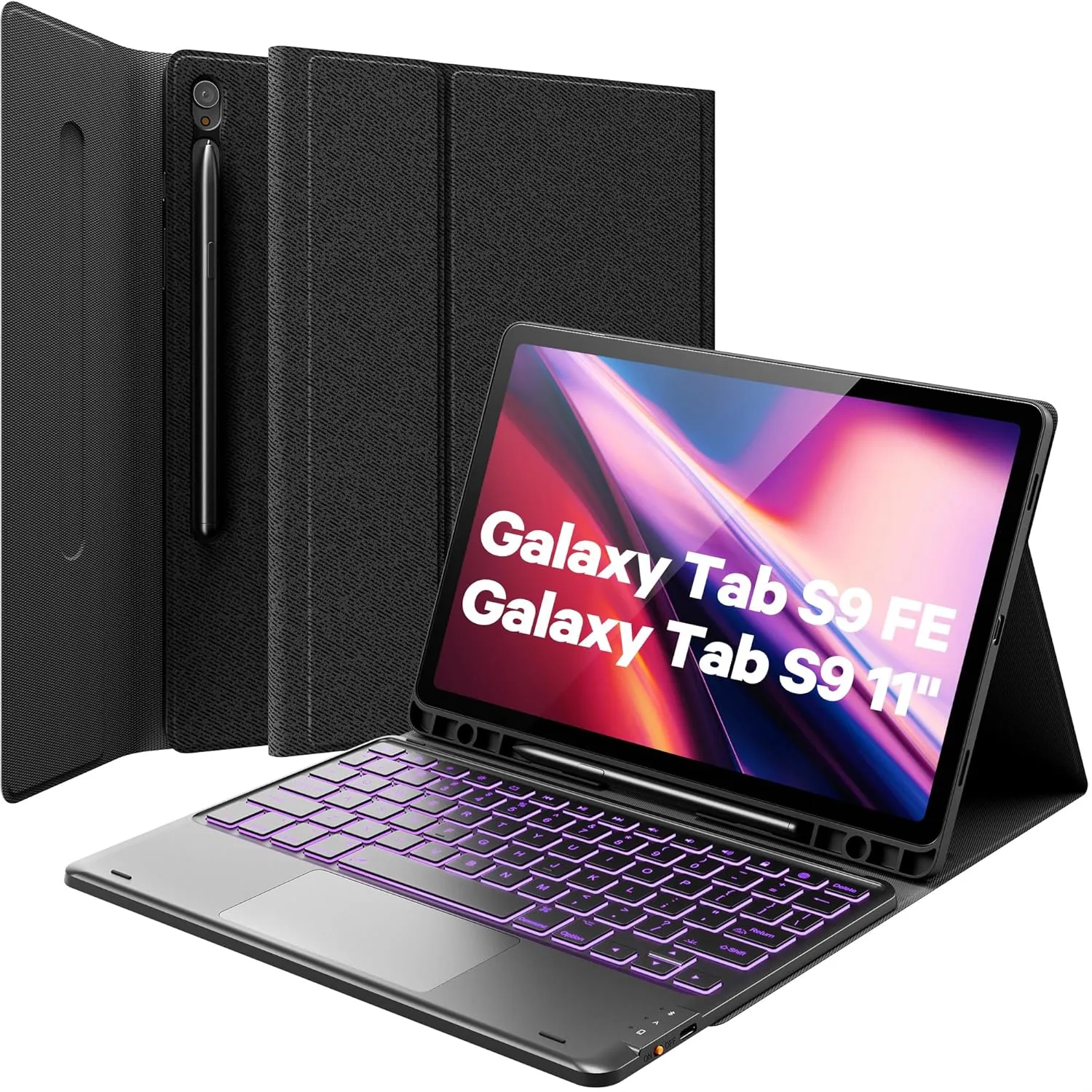 GreenLaw Galaxy Tab S9 FE 5g Case with Keyboard, Galaxy Tab S9 Keyboard Case, 7 Color Backlit Touchpad Keyboard with Pencil Holder, Magnetic Detachable, for Galaxy Tab S9 FE 10.9", S9 11", Black